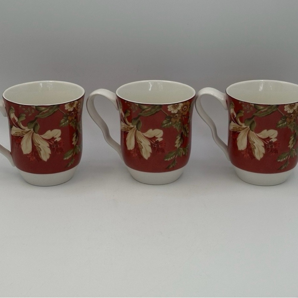 Red Floral Porcelain Coffee Mugs - Set of 5